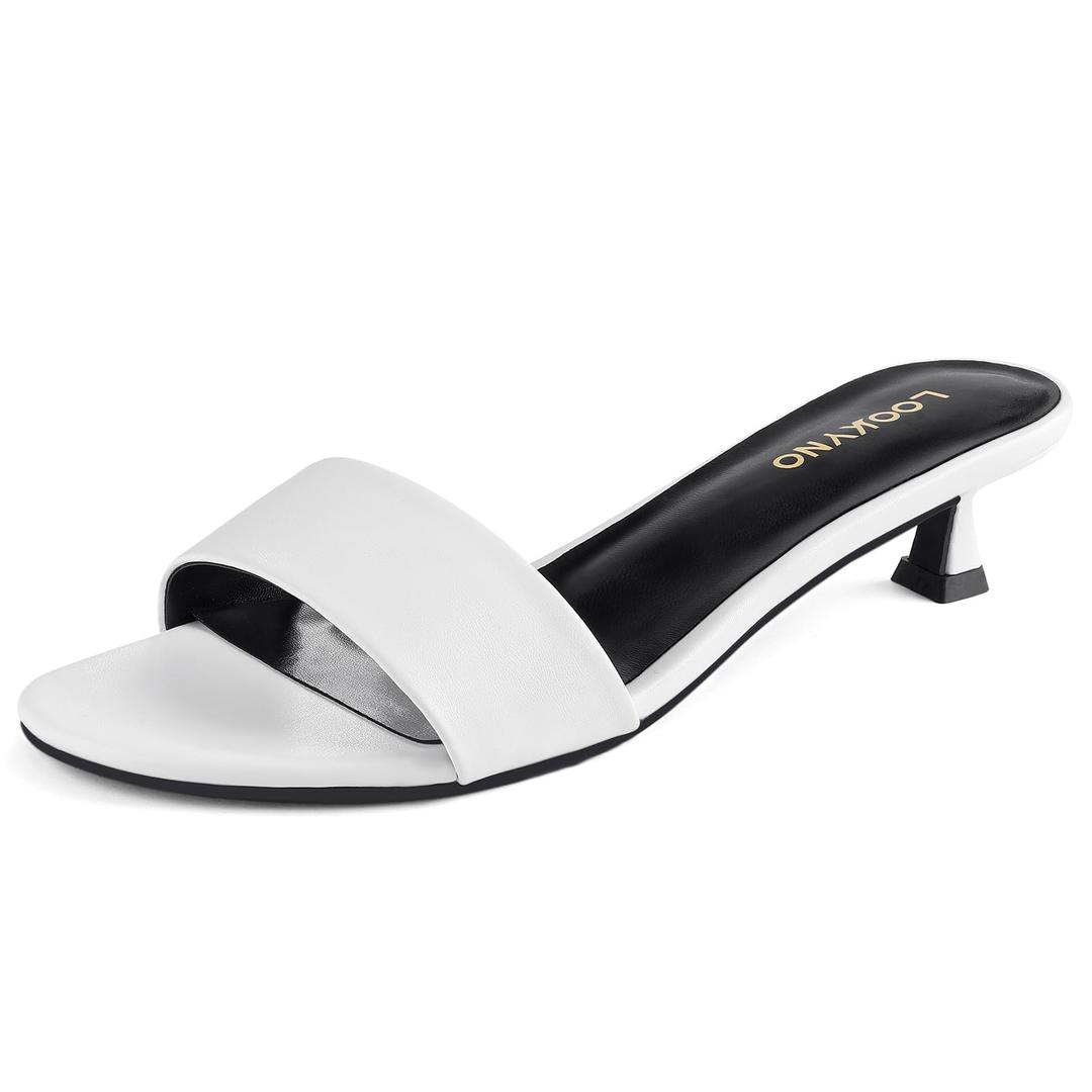 Lookyno Womens Heeled Sandals Open Round Toe Kitten Low Heels for Women Slip on Slide Sandals Mule Heels Fashion Comfort Dress Party Shoes (White)