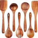 TeamFar Cooking Utensils, 7 PCS Natural Wood Kitchen Cooking Utensils Set, Wooden Spoons for Cooking, Heat Resistant Wooden Spoon Spatula Ladle, Smooth Teak for Nonstick Cookware, Comfortable Grip