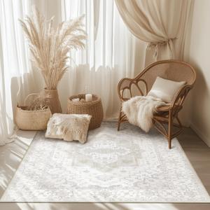 Washable 3x5 Area Rugs, Rugs for Living Room, Low-Pile Water&Stain Resistant Carpet Vintage Distressed Printed Non-Slip Carpet for Bedroom Bathroom Kitchen-Ivory
