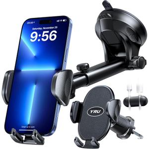 YRU [2025 Upgraded] Universal Car Phone Holder Mount 360Rotatable & Strong Suction Cell PhoneHolder Car Dashboard Windshield Phone Holder Dash Stand for iPhone 16 15 14 13 12 Samsung Truck, Black