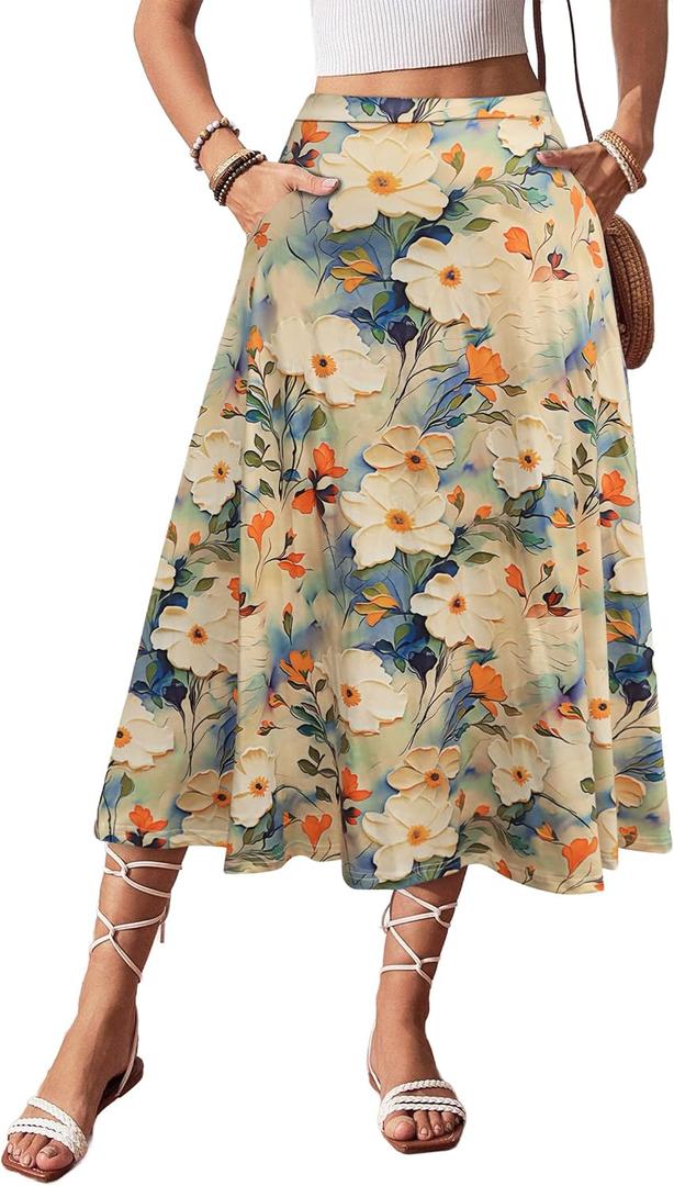 POPZONE Women Floral Midi Skirt Flowy Casual Swing Flowy A-Line Pockets Trendy Soft Flattering Skirt for Dressy Casual Floral-07 L