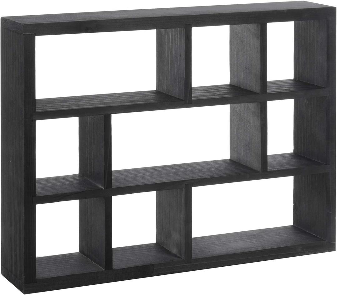 MyGift 9 Compartment Vintage Solid Wood Shadow Box, Wall Mountable Curio Display Case, Freestanding or Floating Shelf for Collectible Figurines, Succulents (Matte Black)