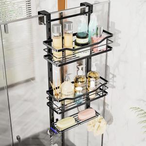 SWTYMIKI Over the Door Shower Caddy - 3 Tier Adjustable Shower Organizer Hanging with Soap Holder, No Drilling Stainless Steel Bathroom Rack Hanging for Body Wash, Shampoo, Soap, Razor, Black