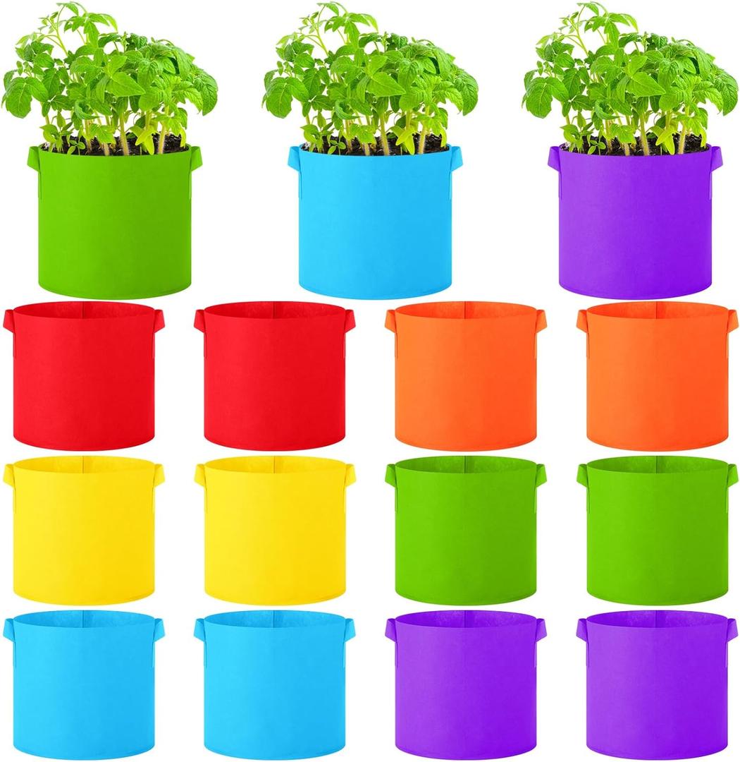 12 Pcs Multicolor Plant Grow Bags Large Grow Bags Fabric Planter Thickened Non Woven Fabric Pots with Handles for Indoor Outdoor Garden Planting Seeds Flower, 6 Colors (3 Gallon)