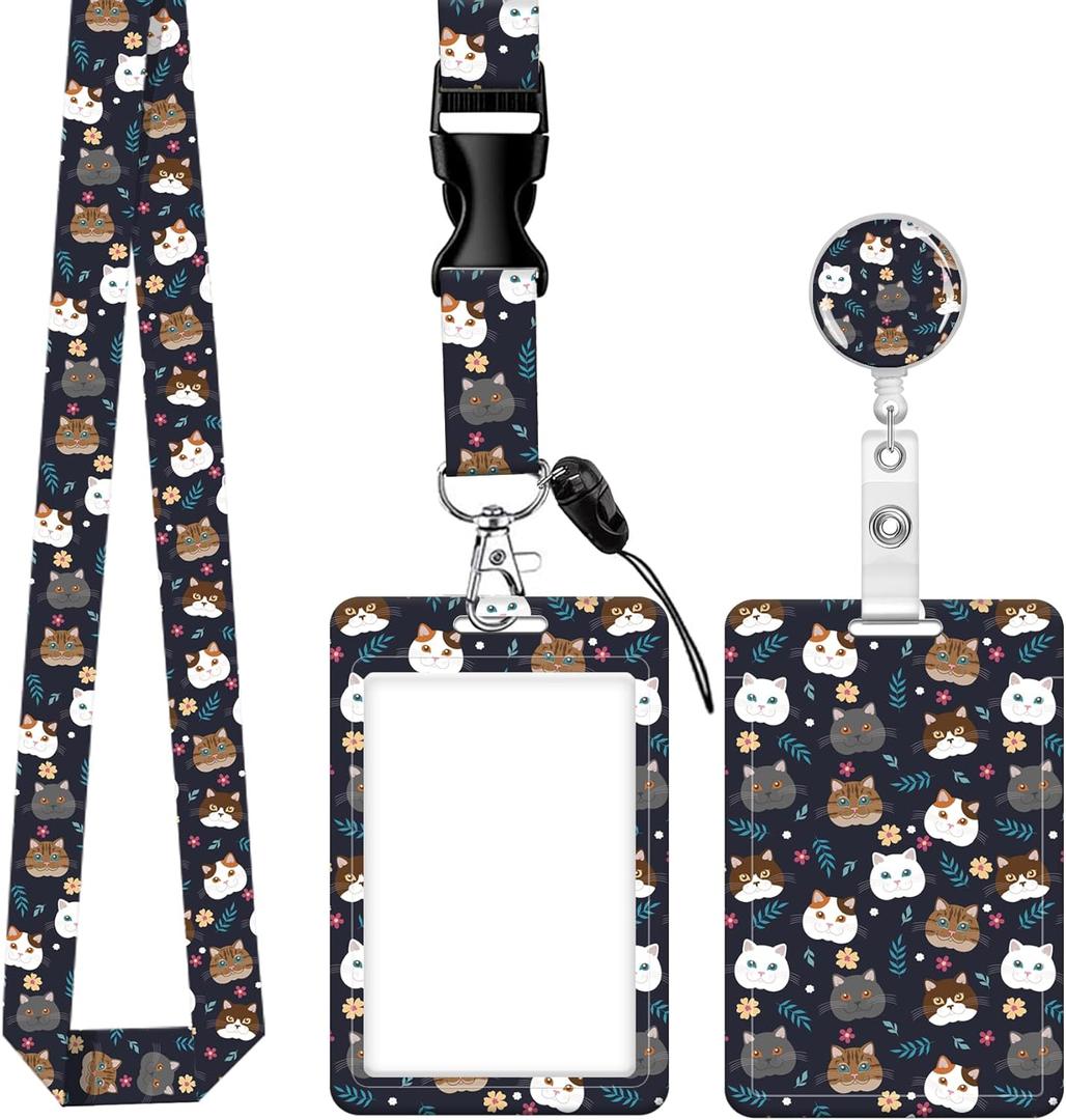 ID Badge Holder with Retractable Badge Reel Clip and Lanyard, Cute Card Name Tag Lanyard Vertical ID Protector Bage Clips for Nurse Doctor Teacher Student (Cute Cat Head)