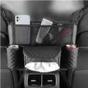 Car Handbag Holder Between Seats, PU Leather Multi-Pocket Large Capacity Purse Holder, Auto Net Bag Barrier of Backseat Pet Kids, Car Seat Organizers and Storage for Cargo Tissue Cup（Black）