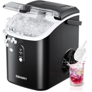 EUHOMY Nugget Ice Maker Countertop with Handle, Ready in 6 Mins, 34lbs Per Day, Removable Top Cover, Auto-Cleaning, Portable Sonic Ice Maker with Basket and Scoop, for Home/Party/RV/Camping (Black) (Black)