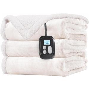 LaffyLo Electric Heated Blanket Twin Size 62 x 84, Fast Heating Blanket, Dual-Sided Flannel Sherpa, 10 Heat Settings, 1-12 Hour Auto Off, Machine Washable, White