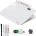 Small Glass Desk Whiteboard Dry-Erase Board with Clock, Small Travel Clock Keychain with Desk Notepad, Time Table Whiteboard for Desk Digital LED Light Display, 8x6 in with Accessories, White