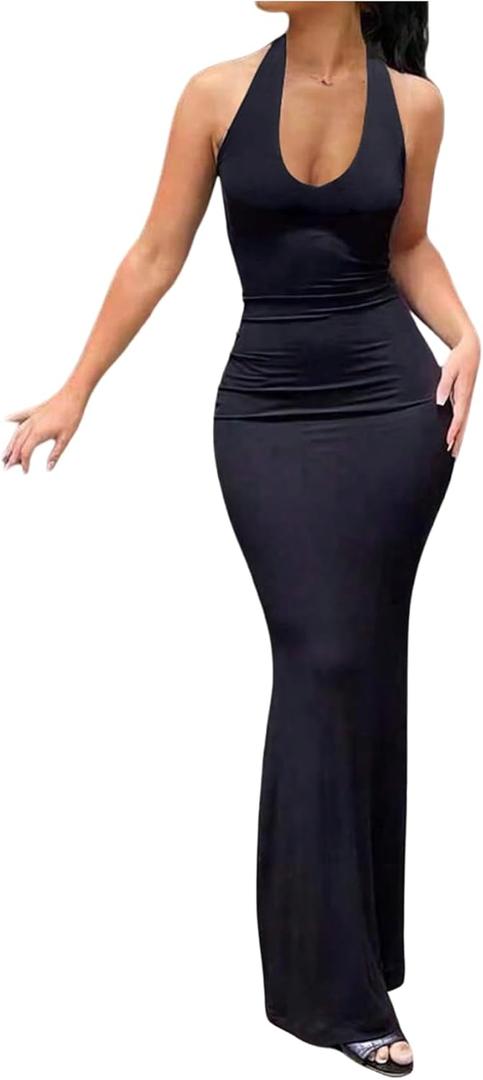 Verdusa Women's Tie Back Halter Dress Summer Backless Maxi Bodycon Dresses Brunch Outfits (XS, Black)