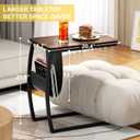 SRIWATANA Side Table End Table, Vintage C Shaped Couch Table with Side Pocket for Sofa Laptop Coffee Snack, Walnut