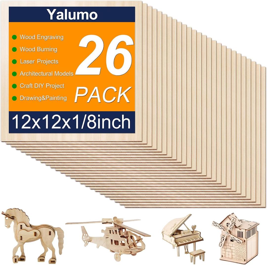Basswood Sheets 12 x 12 x 1/8 Inch, 26 Packs Plywood Sheets Unfinished Wood for Crafts 3mm Thick Basswood for Laser Cutting, DIY Architectural Models, Engraving, Wood Burning, Painting