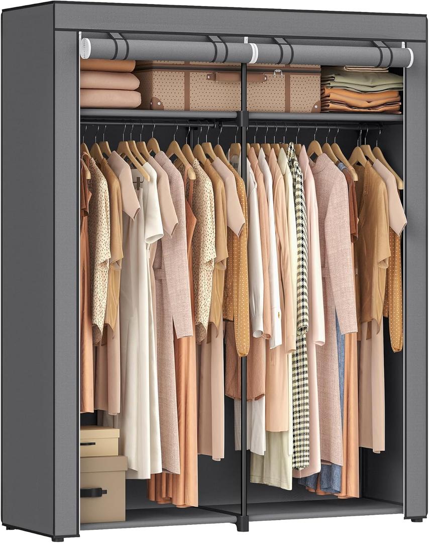 SONGMICS Closet Wardrobe, Portable Closet for Bedroom, Clothes Rail with Non-Woven Fabric Cover, Clothes Storage Organizer, 55.1 x 16.9 x 68.5 Inches, Gray URYG02GY (Grey)