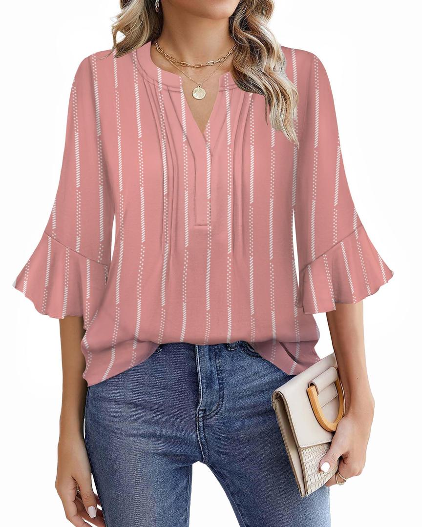 Casual Tops for Women Floral Print V Neck Blouse 3/4 Ruffle Sleeve Relaxed Everyday Outfit Spring Summer Daily Style 2026 Stripe Pink, Small