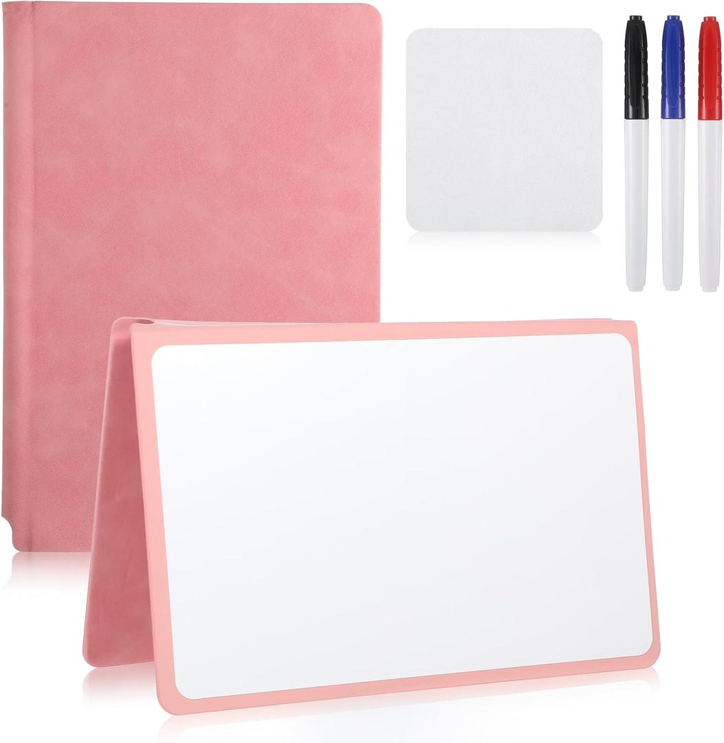 Portable White Board Dry Erase Small, Reusable White Board with 3 Colors Fineliner Pens Foldable Pink Pu Cover Handheld Whiteboard for Meeting Business Office 9.64x6.7 Inch
