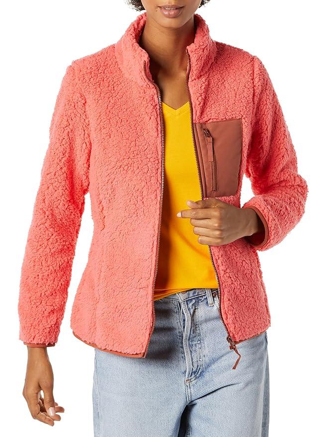 Amazon Essentials Women's Sherpa Long-Sleeve Mock Neck Full-Zip Jacket with Woven Trim, Pink/Brown Size XXL