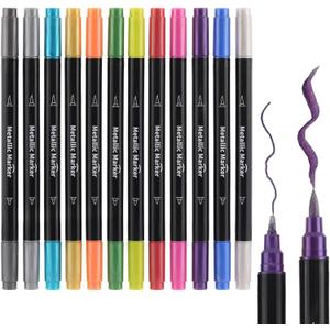 Colourcolor 12 Colors Metallic Marker Pens, Dual Tip Brush & Fine Point Pens for DIY Album, Black Cards, Rock Painting, Card Making, Scrapbooking, Fabric, Metal, Ceramics