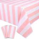 Kesfey 3 Packs Pink and White Horizontal Striped Table Cloth 54 x 108 Inches Pink Stripe Tablecloths Disposable Plastic Stripe Table Covers Waterproof Rectangle Picnic Tablecover for Birthday Party