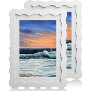 5x7 Wavy Picture Frame With Mat For 4x6, Wavy Edge Wooden Picture Frame with Real Glass - Wall Mount and Tabletop Display, White, 2 Pack