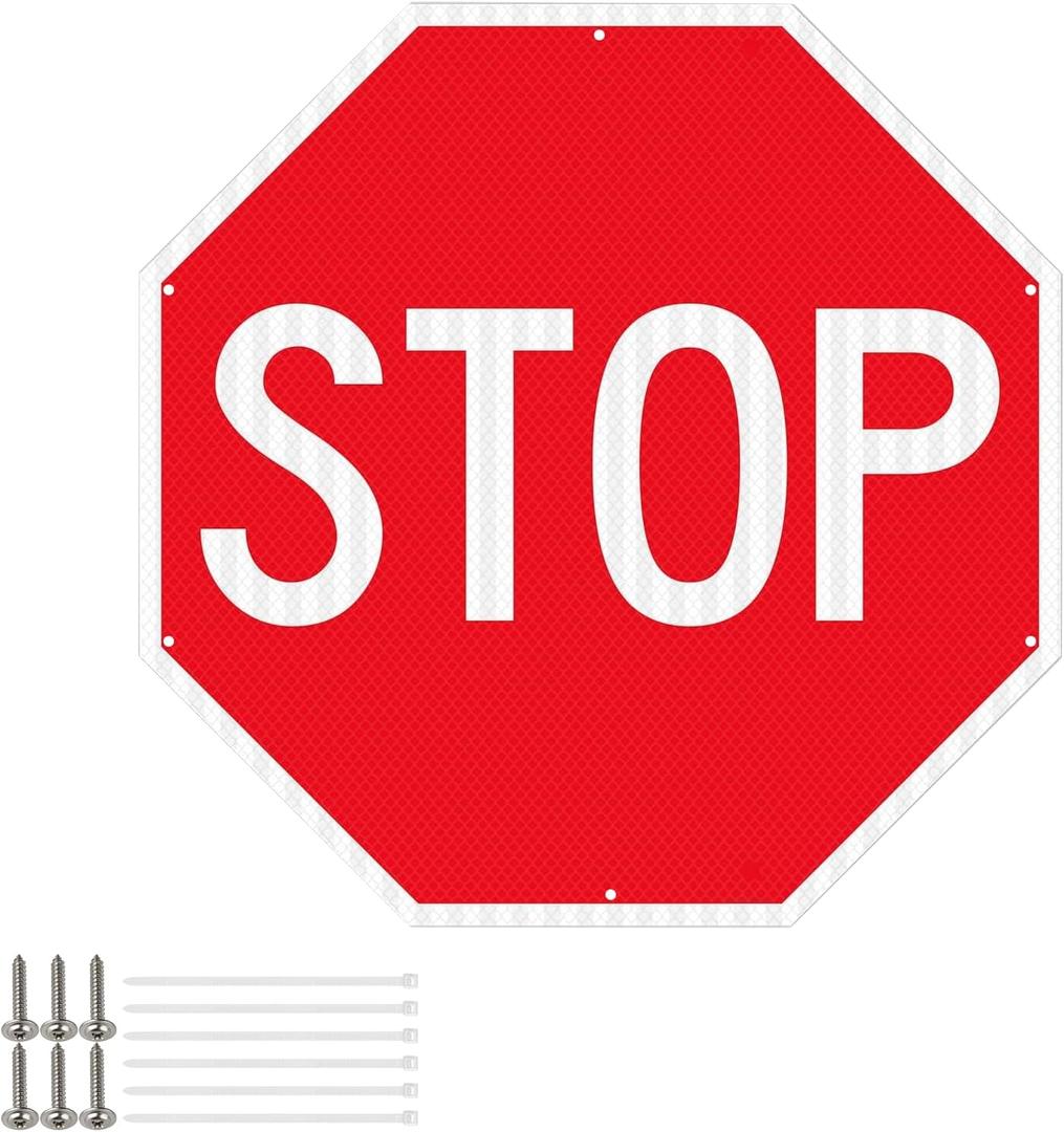 Large Stop Sign Stop Sign Room Decor 2424-Inch, Engineer Grade Reflective Sheeting, Rust Proof Thicken Aluminum, Uv-Resistant, Reflective, Waterproof and Fade Resistantt,6 Pre-drilled Holes