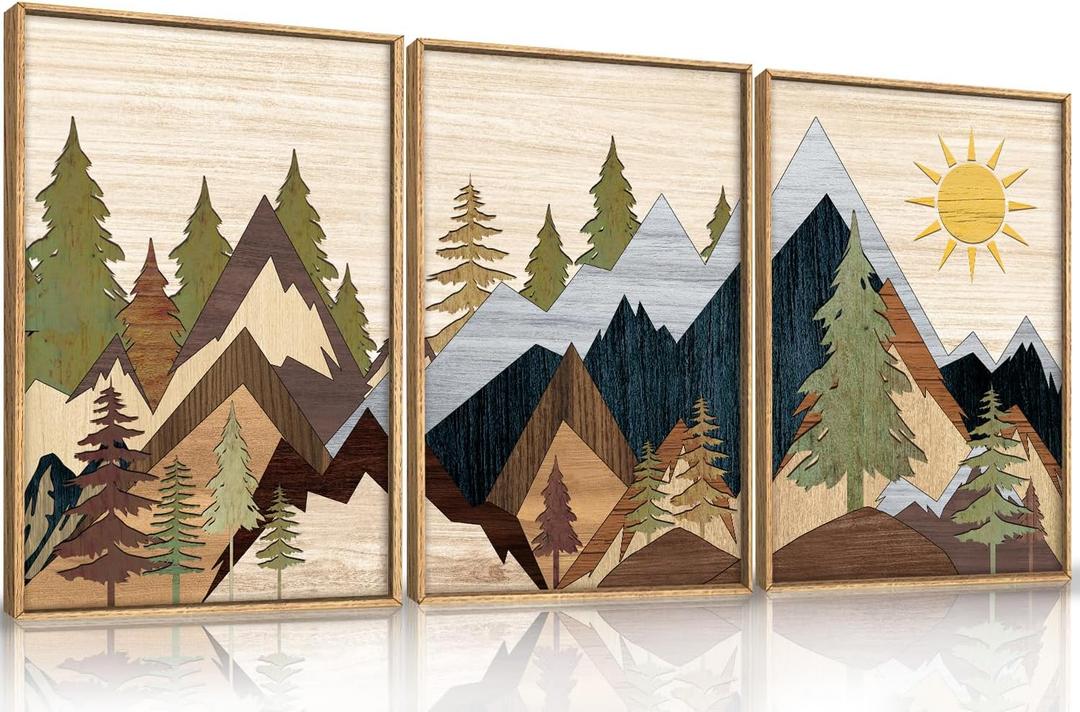 Ausril Mountain Pine Tree Framed Canvas Wall Art Set, Nature Wilderness Illustration Wall Decor, Woodcut Forest Wall Painting, Mid Century Modern Art Print for Living Room Bedroom Office 16"x24"x3