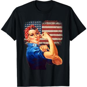 Rosie the Riveter American Flag USA Rosie the Riveter T-Shirt. S Size