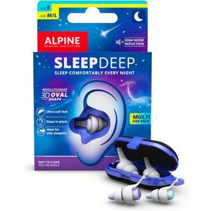 Alpine SleepDeep Multisize - Soft Ear Plugs for Sleeping and Concentration - New 3D Oval Shape and Noise Reducing Gel for Better Attenuation - 27dB - Ideal for Side Sleeper - 2-Pair Reusable: S + M/L