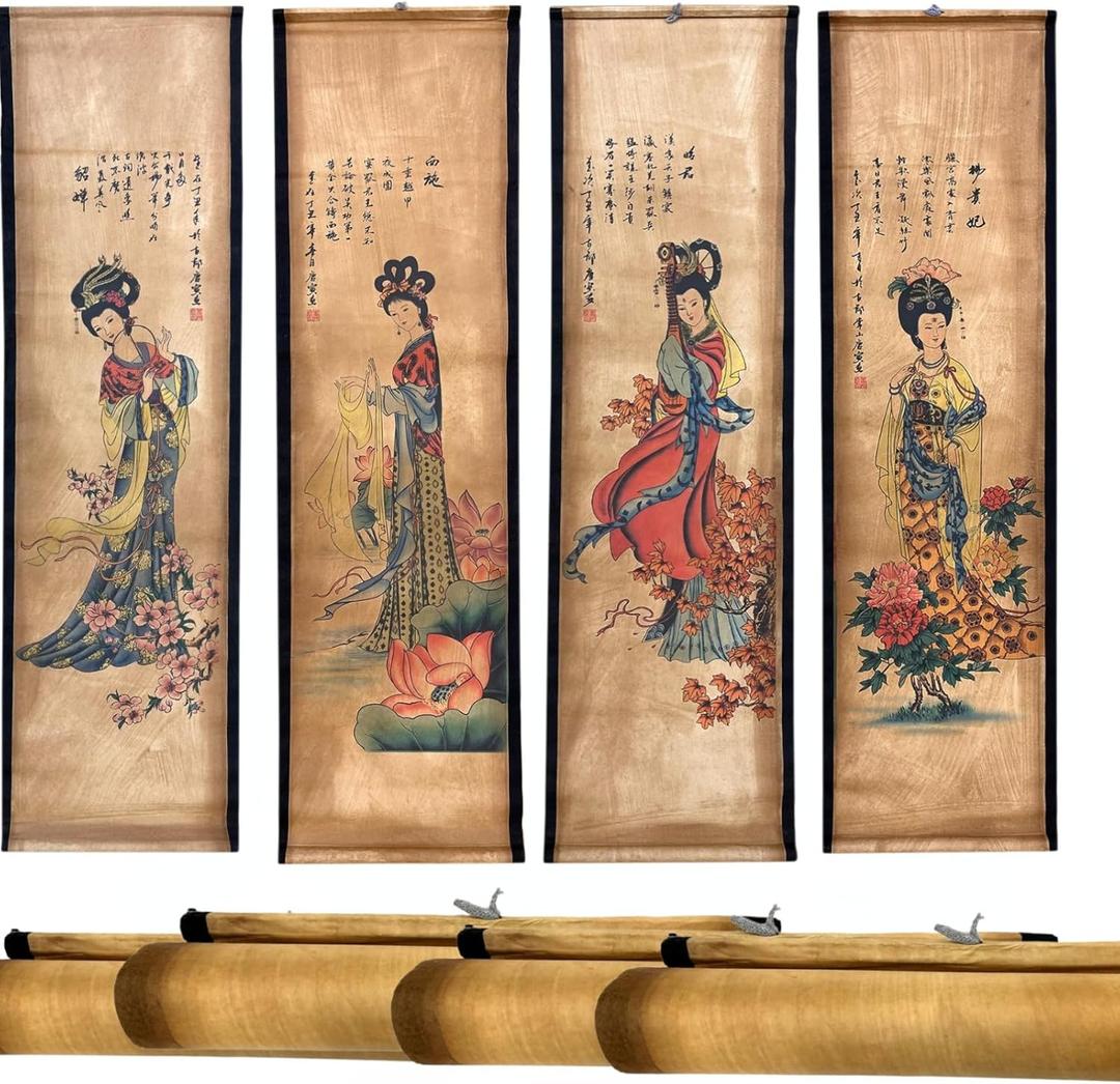 4Pack Wall Scroll Hanging Painting for Room Decor, Ancient Chinese Painting Reproduction Large Beauty