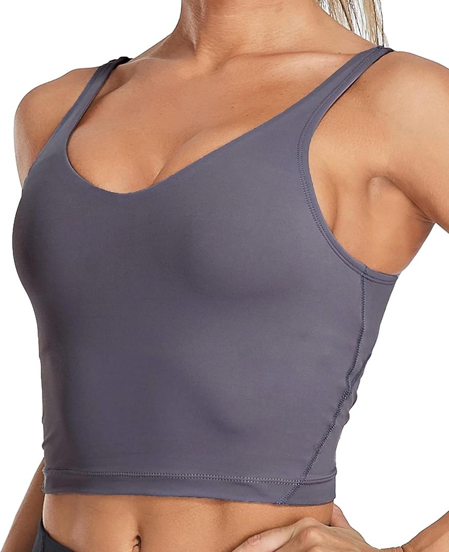 Oalka Sports Bra Womens Longline Padded Crop Tank Yoga Bras Workout Fitness Top (Large, Heart Grey Purple)