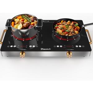 2 Burner Electric Cooktop 110V - 24 Inch(22.2"x 13.07") Countertop Electric Stove with Handles 2000W, Two Burner Ceramic Burner with Touch and Knob Control, Timer, Safety Lock, 120V Plug in