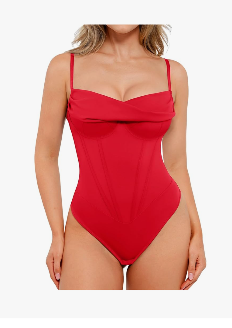 Popilush Corset Bodysuit for Women Tummy Control Shapewear Cowl Neck Tops Concert Outfits Thong Bodysuits, S