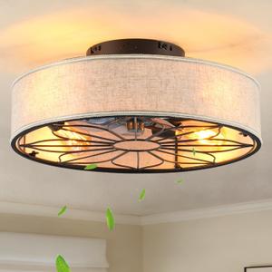20" Flush Mount Caged Ceiling Fan With Light,Low Profile Fabric Farmhouse Bladeless Ceiling fan With Remote Control,Ceiling Fans with 6 Speeds Reversible Silent Fandalier for Bedroom