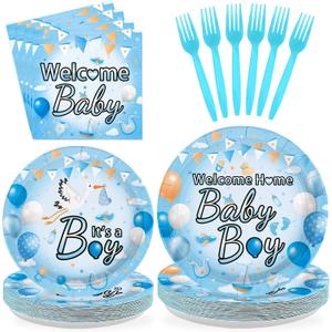 96Pcs Welcome Home Baby Boy Party Decorations Welcome Baby Boy Birthday Plates and Napkins Tableware Sets for Boys Baby Shower Gender Reveal Newborn Birthday Party Supplies Serves 24