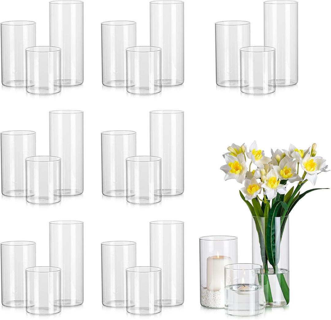 Glasseam Clear Cylinder Vases Set, 24Pcs Glass Vases for Centerpieces Bulk, Modern Floating Candle Holder for Decor, Hurricane Candle Holders for Wedding Table Decor (5.5"/7.5"/9.5")
