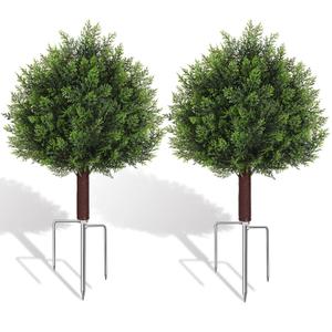 Suntee Artificial Cedar Topiary Trees with Ground Spike, 2 Pack Fake Bushes Topiary Trees Artificial Outdoor, UV Resistant Evergreen Outdoor Faux Plants for Garden Front Porch Decor (18.9in+7.1in)