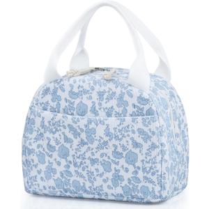 TESAFNG Lunch Bag - Insulated Lunch Box for Women, Reusable Large Capacity Cooler Bag for Adult, Small Leakproof Cute Corduroy Lunch Tote for Work Office Travel Picnic (Corduroy Blue-Flower)