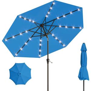 9FT Solar Umbrella 32 LED Lighted Patio Umbrella Table Market Umbrella w/Tilt and Crank Outdoor Umbrellas for Garden, Deck, Backyard, Pool and Beach, Royal Blue