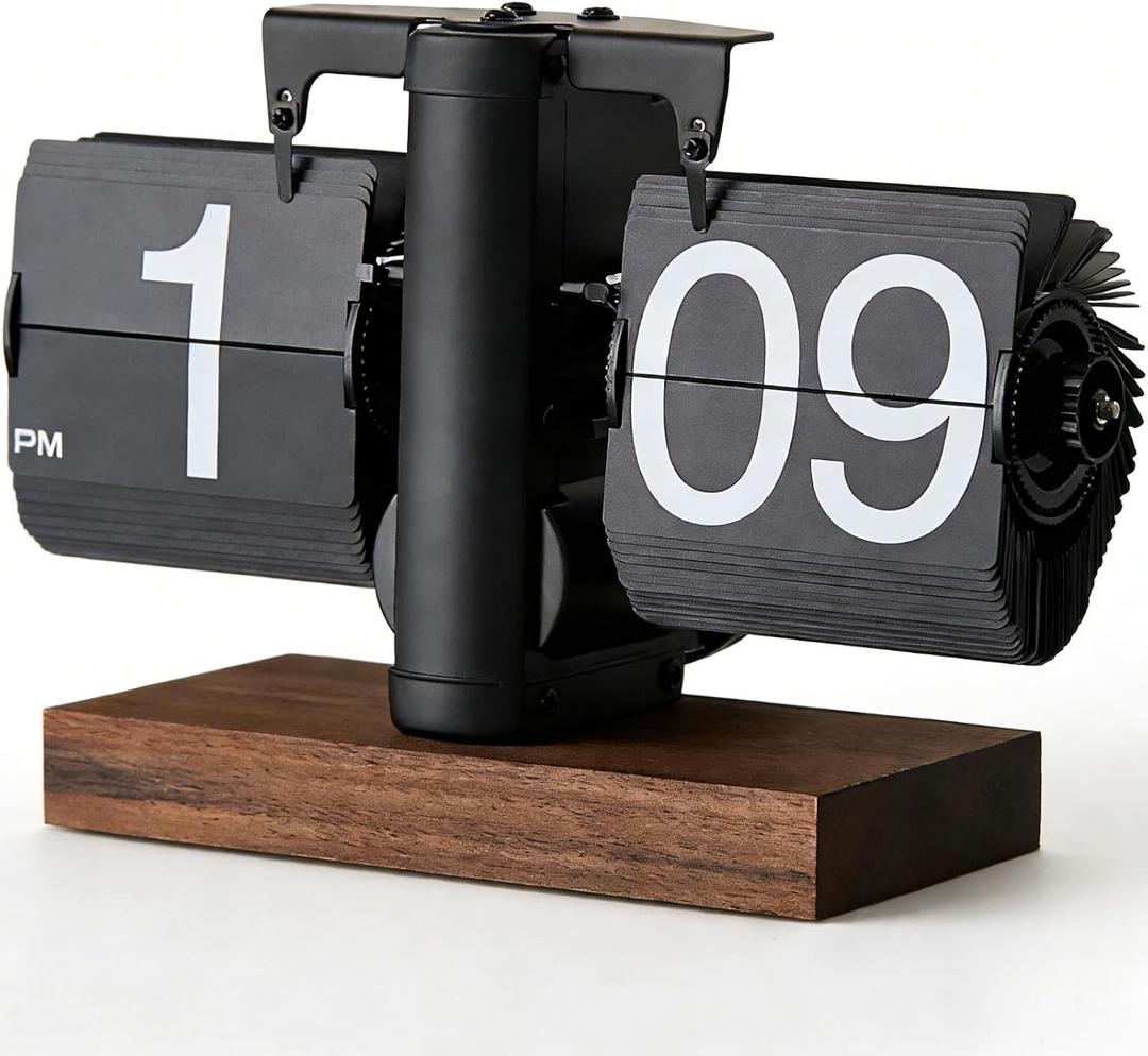 Flip Desk Clock - Retro Digital Flip Table Clock - Mid Century Modern Decor Auto Battery Powered Gear Operated for Room, Home, Office (A Style)