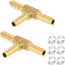 2Pcs 1/4" x 1/4"x 1/4" Brass Tee,Brass Hose Barb Tee T-Shaped 3 Ways Union with 6pcs Stainless Steel Pipe Clamps for Water/Fuel/Air