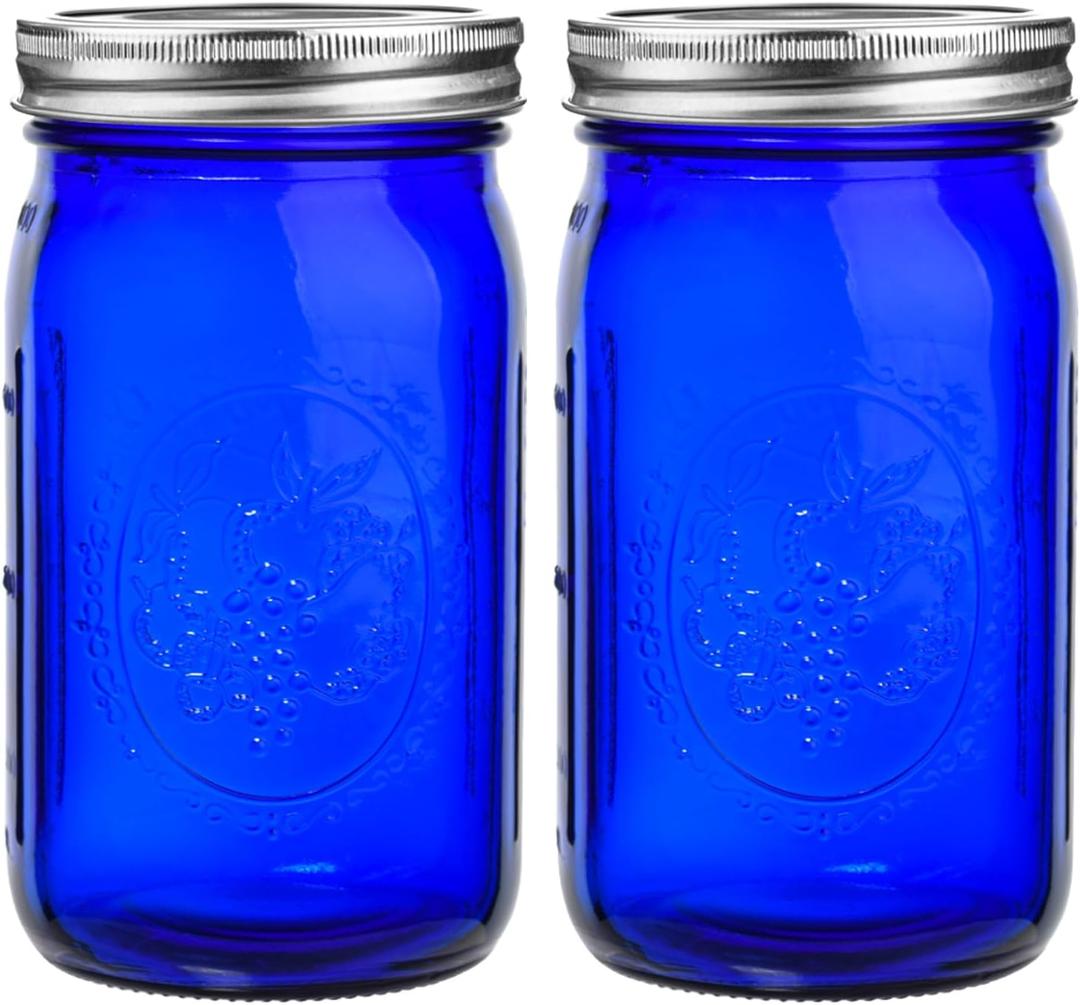 eleganttime Blue Mason Jars Wide Mouth,2 Pack Cobalt Blue Colored Mason Jars 32 oz for Canning
