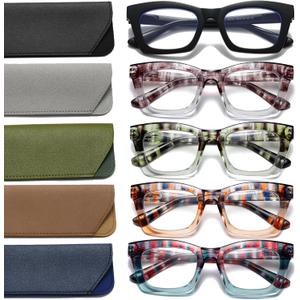 Hubeye 5 Pairs Fashion Style Square Reading Glasses for Women Men Blue Light Blocking Computer Readers with leather case (Black/Purple/Green/Orange/Blue)