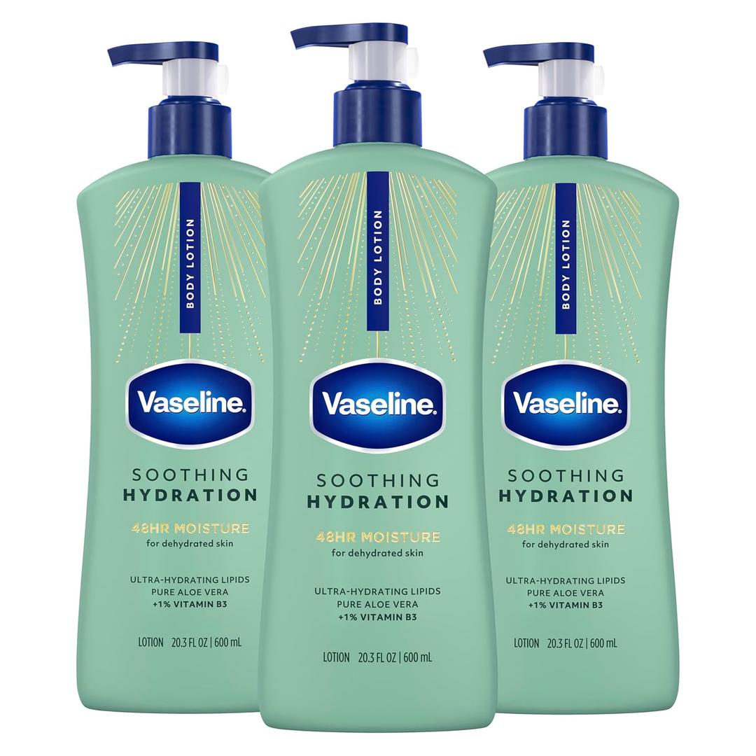 Vaseline Intensive Care Body Lotion for Dry Skin Soothing Hydration Lotion Made with Ultra-Hydrating Lipids + 1% Aloe Vera Extract to Refresh Dehydrated Skin 20.3 oz, Pack of 3