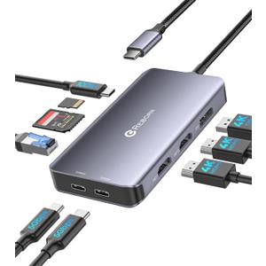 Reborn Docking Station Dual Monitor Adapter, Laptop Docking Station 3 Monitors Triple Display USBC Hub Dongle to 4K60Hz HDMI+DP,1Gbps Ethernet,100W PD,USB C Data,Card Reader,for Dell,HP,Lenovo,Surface
