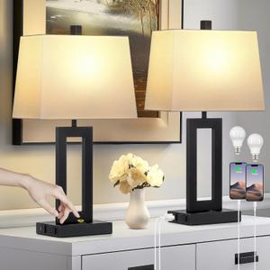 Table Lamp Set of 2 with USB C+A Ports & AC Outlet, Bedside Lamps, Modern Bedroom Lamps, Black Lamps for Night Stands Bedroom Living Room,Nightstand Lamp