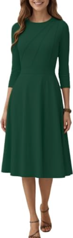 FENJAR Womens Fit and Flare Cocktail Dress Elegant 34 Sleeve Wedding Guest Work Formal A Line Dresses US, Alpha, X-Large, Regular, Regular, A-Green