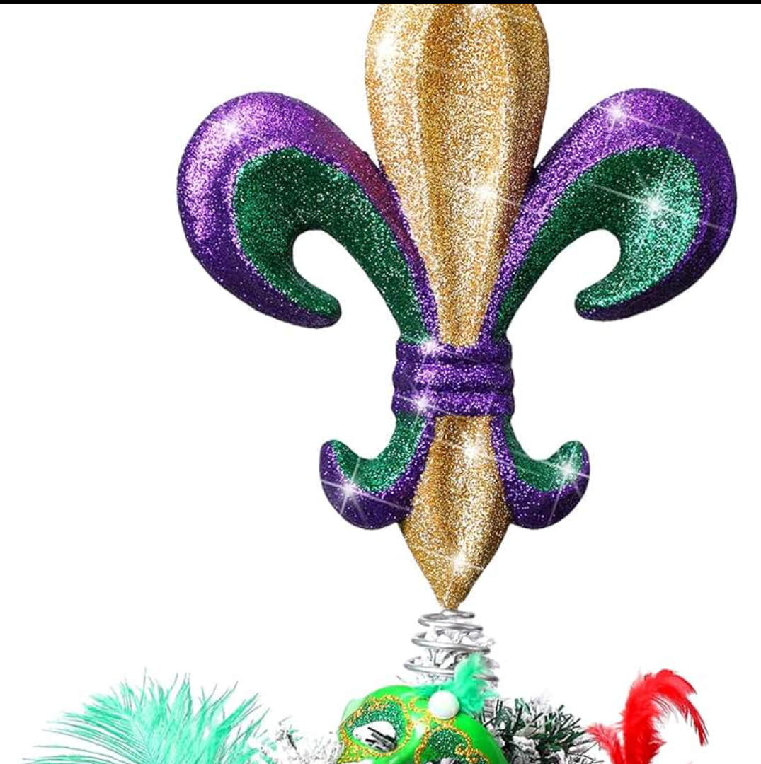Soulchen 14“ Mardi Gras Tree Topper Fleur-de-lis Tree Topper Purple Green Gold Glitter Ornament for CAarnival Holiday Party Home Wedding Decoration