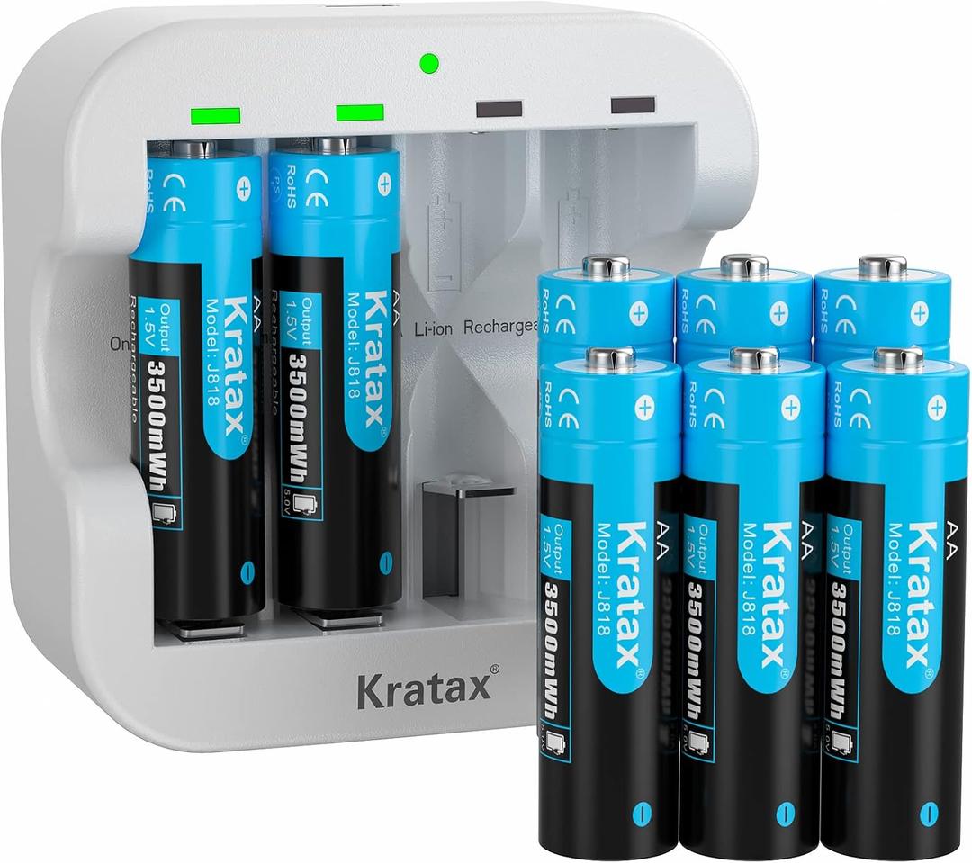 Kratax Rechargeable Lithium AA Batteries 8 Pack 1.5v 3500mWh li-ion Rechargeable Batteries with 2h Battery Charger, 1600 Cycles Long-Lasting, Constant Voltage Output for Game Controller, Electric Toy