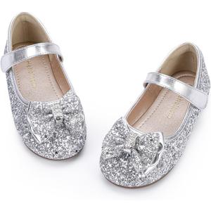 Hehainom Toddler Girls Flats Mary Jane Flower Girl Dress Shoes School Wedding Party Shoes (Silver Sequin)
