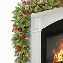 TigeJoy 9FT Prelit Christmas Garland with Warm LED Timer Lights, Frosted Pine Garland with Red Berries & Long Cedar Pinecones, 8 Modes 3AA Battery Operated Xmas Decor for Fireplace Doorway Porch