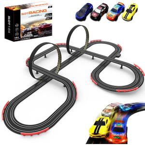 Slot Racing Car Track for Kids 28Ft Electric Powered Race Tracks Sets for Boys and Kids ,Dual Racing with 4 High Speed Cars and 2 Hand Controllers, Gift Toys for Children 6,7,8 Years Old